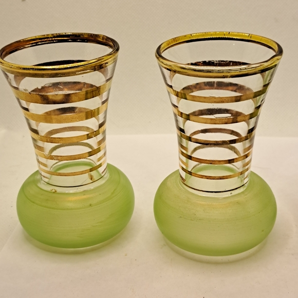 4 Small Vintage Bartlett Collins Green Frosted Glass, Hand Painted Vases - Picture 4 of 8